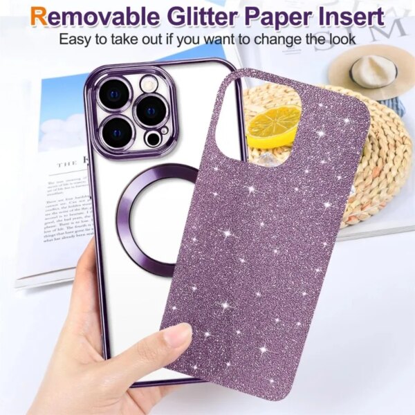 Electroplate With Lens Protector  Phone Case For iPhone 15 14 13 12 11 Pro Max For Magsafe Wireless Charge Bumper Glitter Cover - Image 6