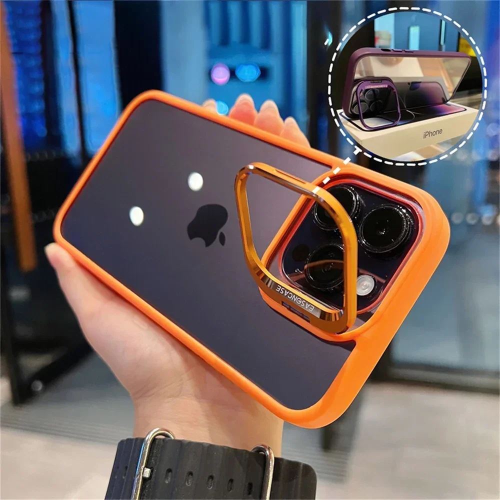 Lens Metal Ring Protector Stand Phone Case For IPhone 15 11 12 13 14 Pro Max Plus Camera Glass Lens Protection Transparent Cover