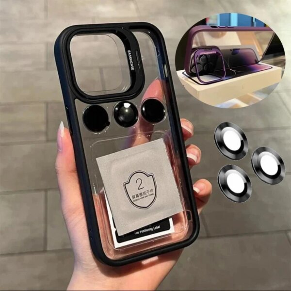 Lens Metal Ring Protector Stand Phone Case For IPhone 15 11 12 13 14 Pro Max Plus Camera Glass Lens Protection Transparent Cover - Image 2