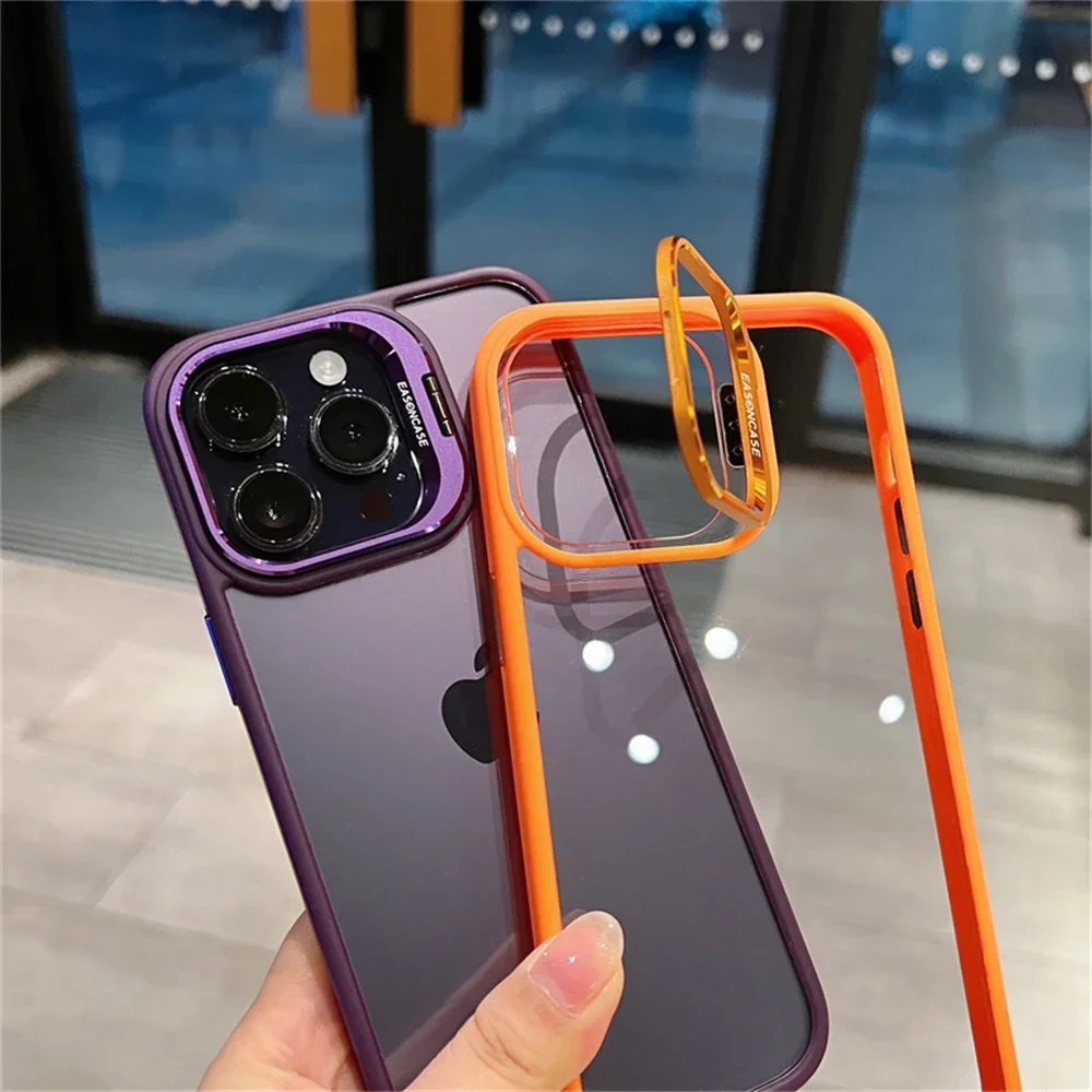 Lens Metal Ring Protector Stand Phone Case For IPhone 15 11 12 13 14 Pro Max Plus Camera Glass Lens Protection Transparent Cover