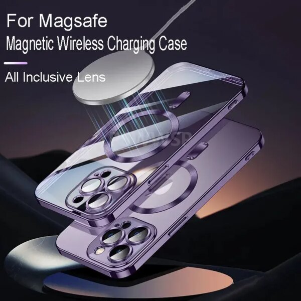 Luxury Plating For Magsafe Case For iPhone 15 14 13 12 11 Pro Max Wireless Charge Magnetic Soft Cover With Camera Lens Protector - Image 3