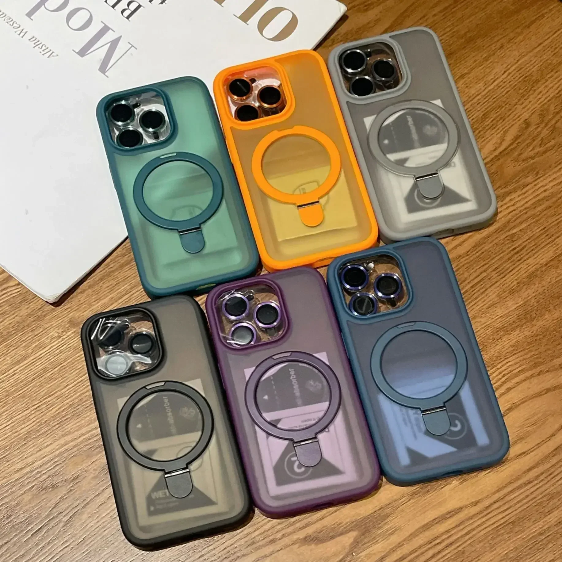 Matte Ring Holder Glass Lens Phone Case For iPhone 15 14 13 12 11 Pro Max Plus For Magsafe Wireless Magnetic Hard Bumper Cover