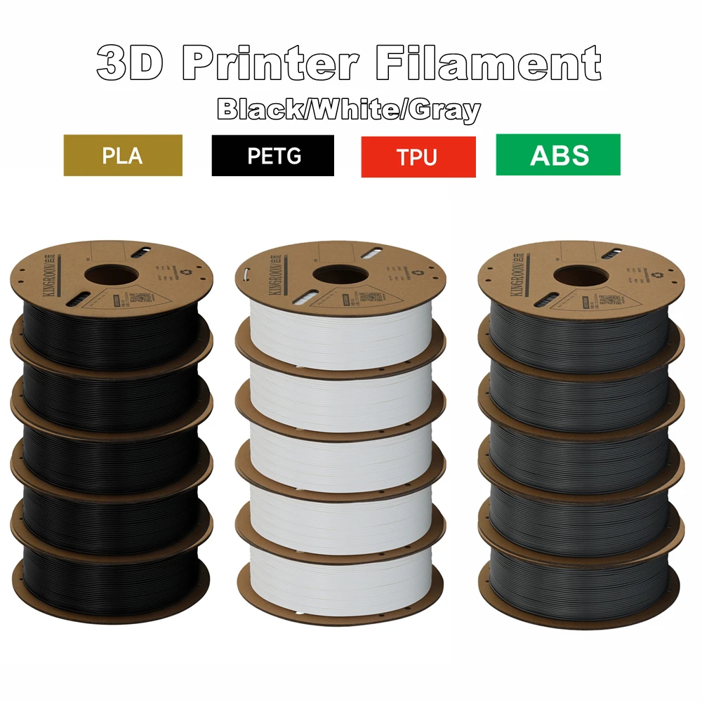 KINGROON 3D Printer Filament PLA PETG TPU ABS 5KG Bundle Black White Gray 1.75mm No bubbles Plastic 5 roll 1kg , Random Spool