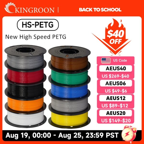 KINGROON Newest HS-PETG 3D Printer Filament 1.75mm High Speed 3D Printinng Material Hyper PETG 5KG 10KG Mix Color