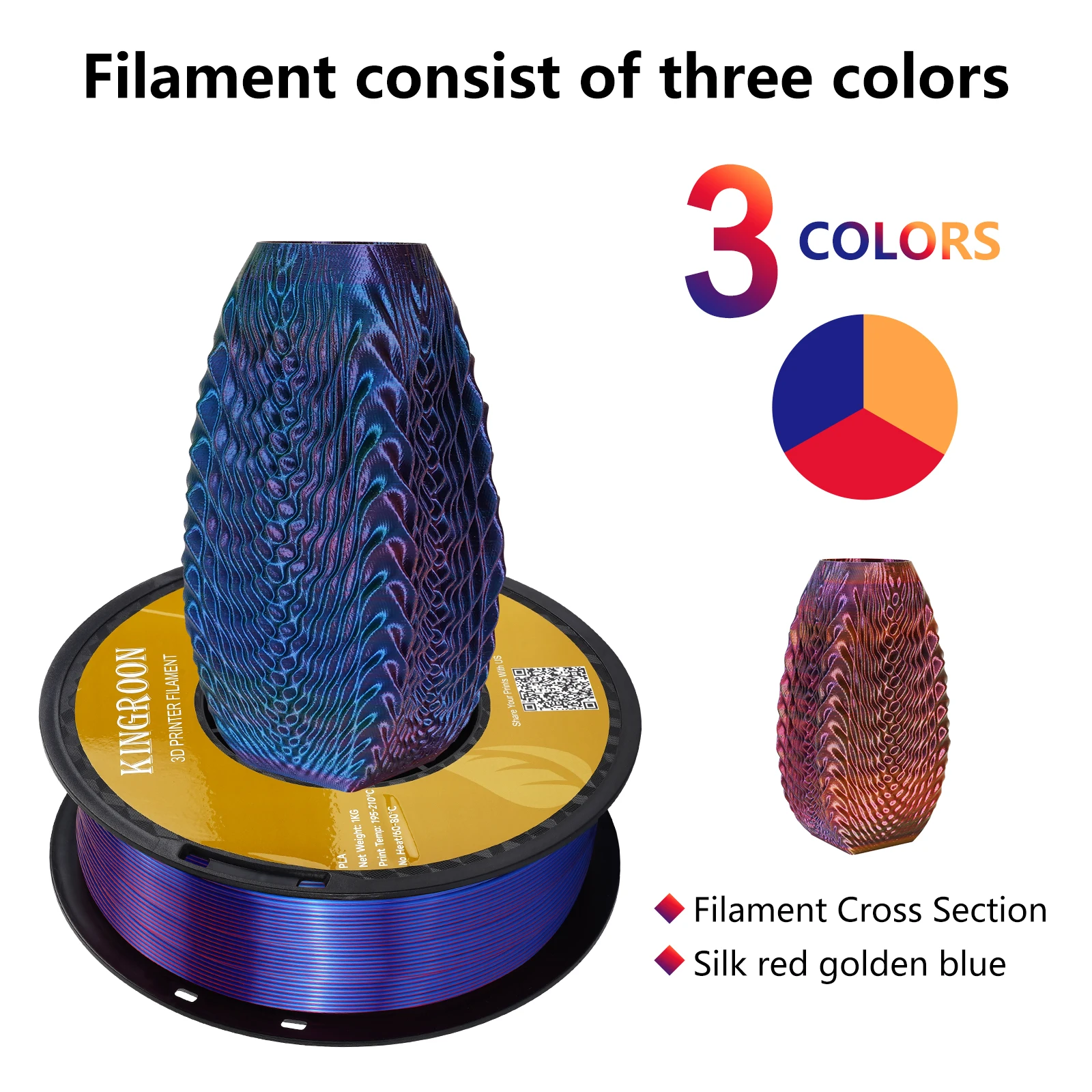 KINGROON 5KG Tricolor Silk PLA Filament 3 in 1 Multi-color 3D Printer Filaments PLA Three-Color Coextrusion, 5 Spool