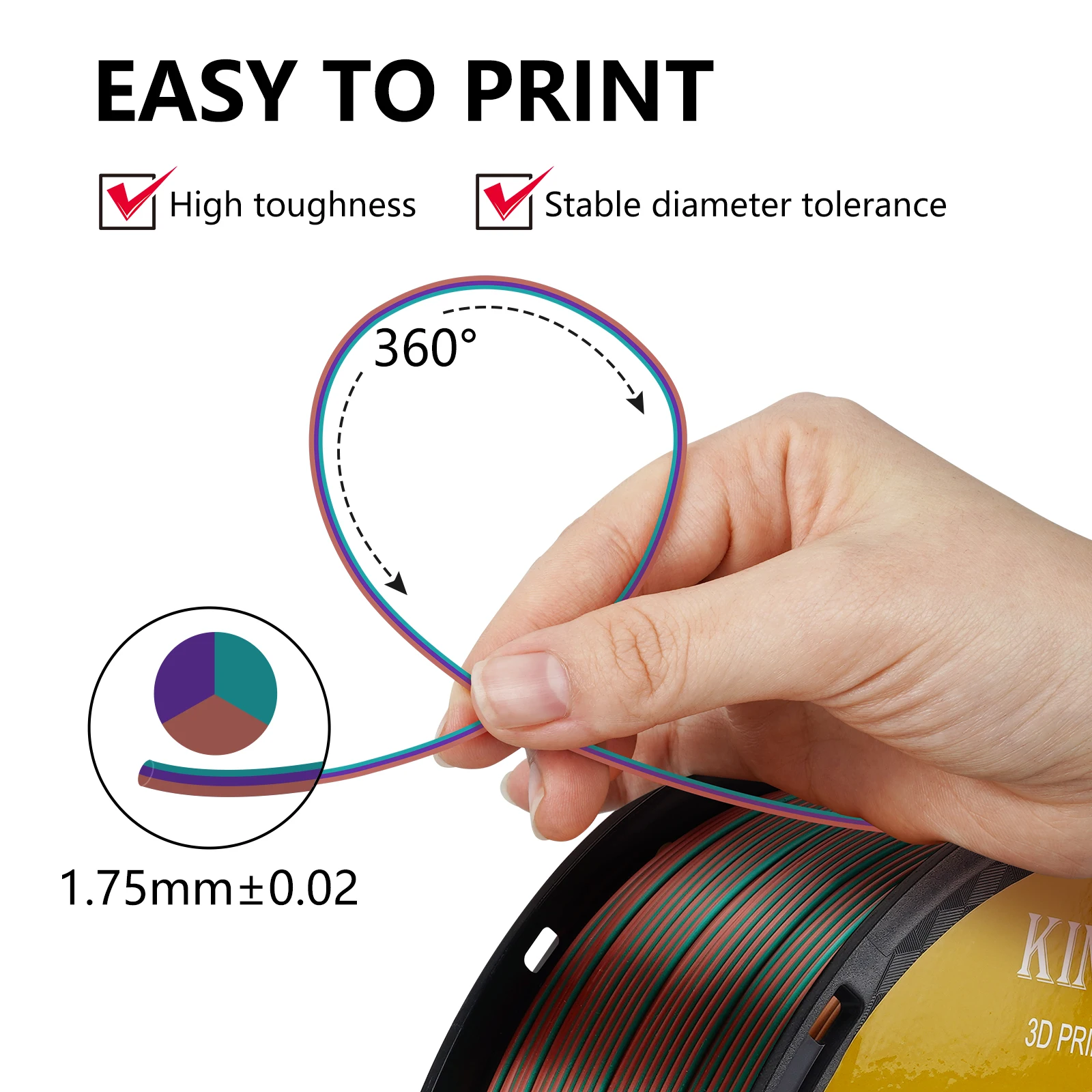 KINGROON 5KG Tricolor Silk PLA Filament 3 in 1 Multi-color 3D Printer Filaments PLA Three-Color Coextrusion, 5 Spool