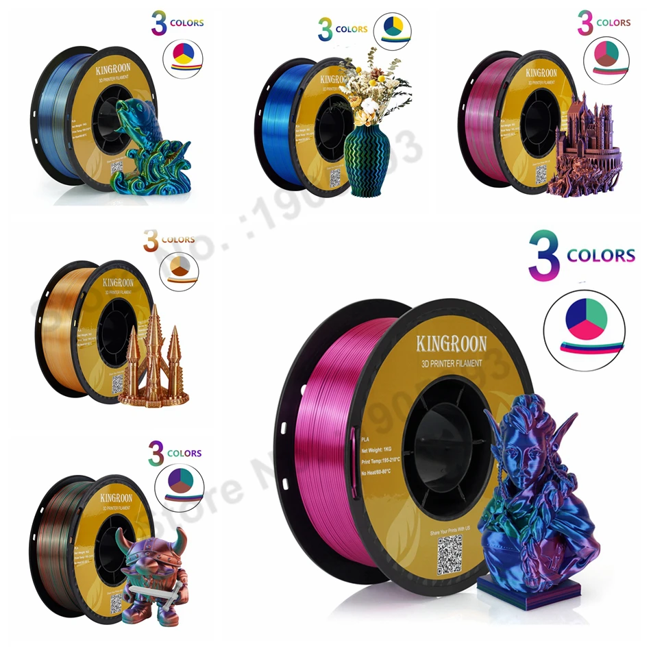 KINGROON 5KG Tricolor Silk PLA Filament 3 in 1 Multi-color 3D Printer Filaments PLA Three-Color Coextrusion, 5 Spool