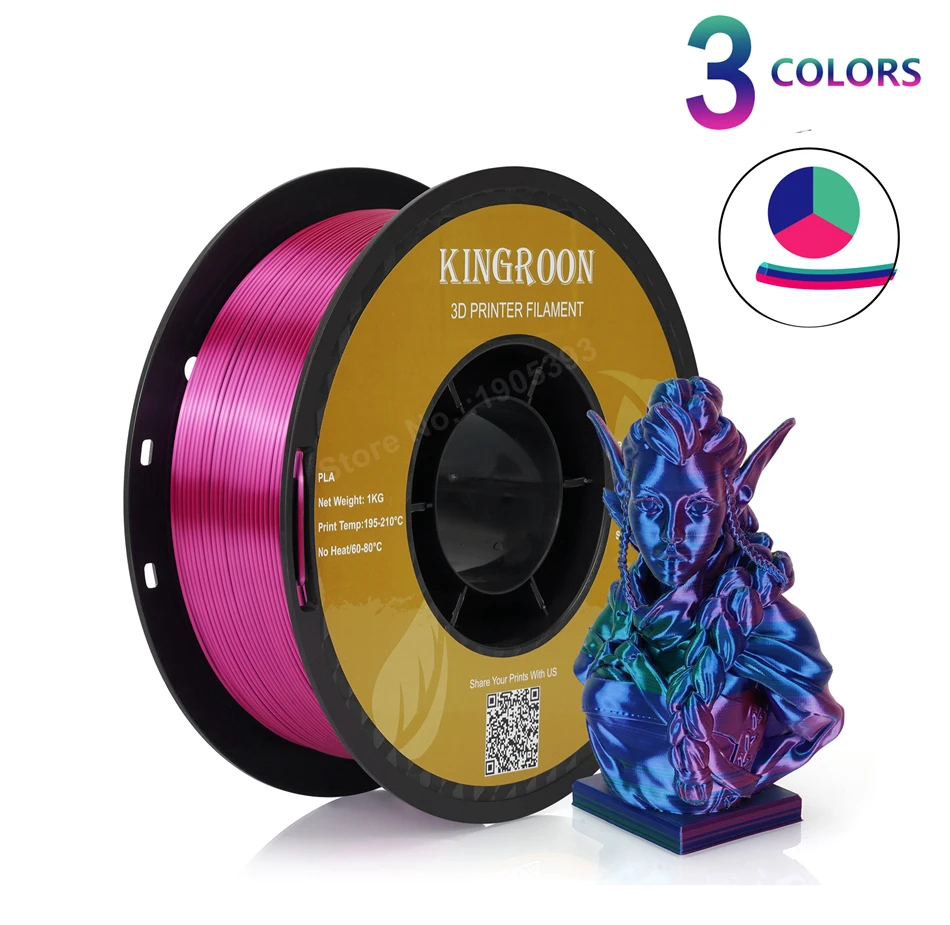 KINGROON 5KG Tricolor Silk PLA Filament 3 in 1 Multi-color 3D Printer Filaments PLA Three-Color Coextrusion, 5 Spool