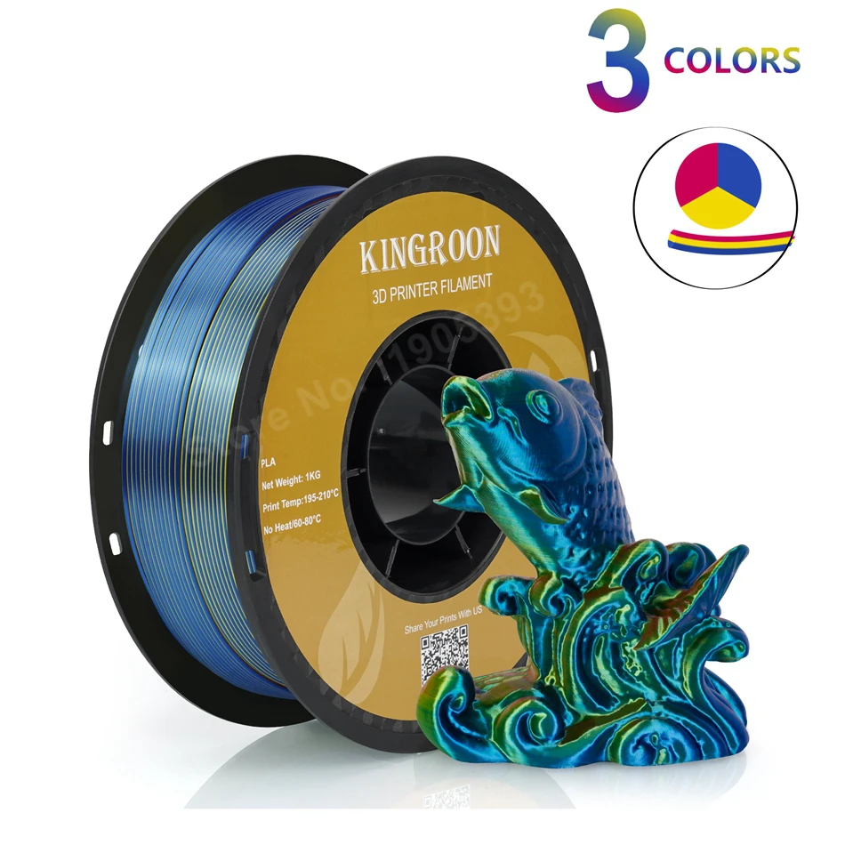 KINGROON 5KG Tricolor Silk PLA Filament 3 in 1 Multi-color 3D Printer Filaments PLA Three-Color Coextrusion, 5 Spool