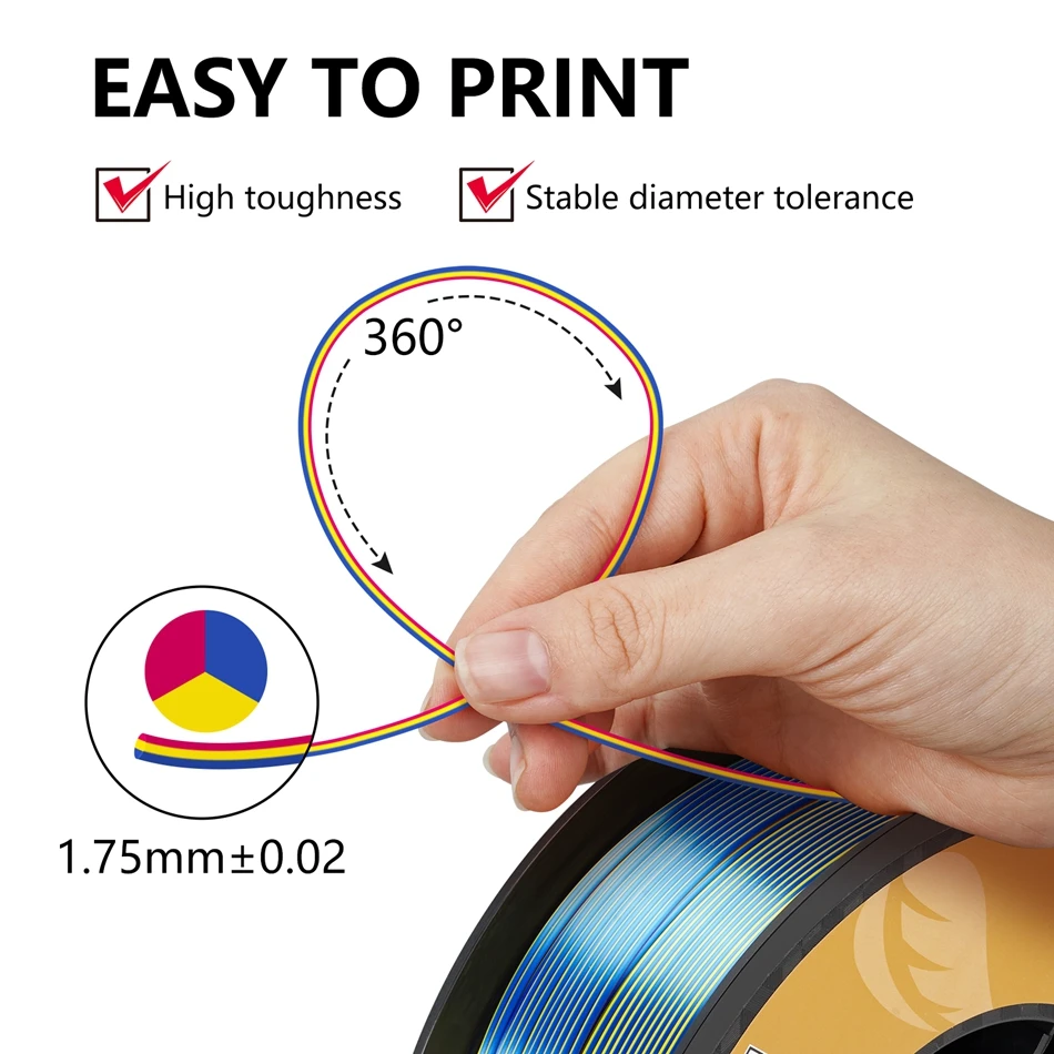 KINGROON 5KG Tricolor Silk PLA Filament 3 in 1 Multi-color 3D Printer Filaments PLA Three-Color Coextrusion, 5 Spool