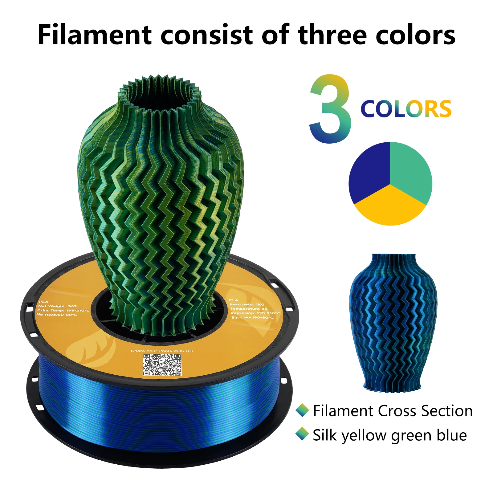 KINGROON 5KG Tricolor Silk PLA Filament 3 in 1 Multi-color 3D Printer Filaments PLA Three-Color Coextrusion, 5 Spool