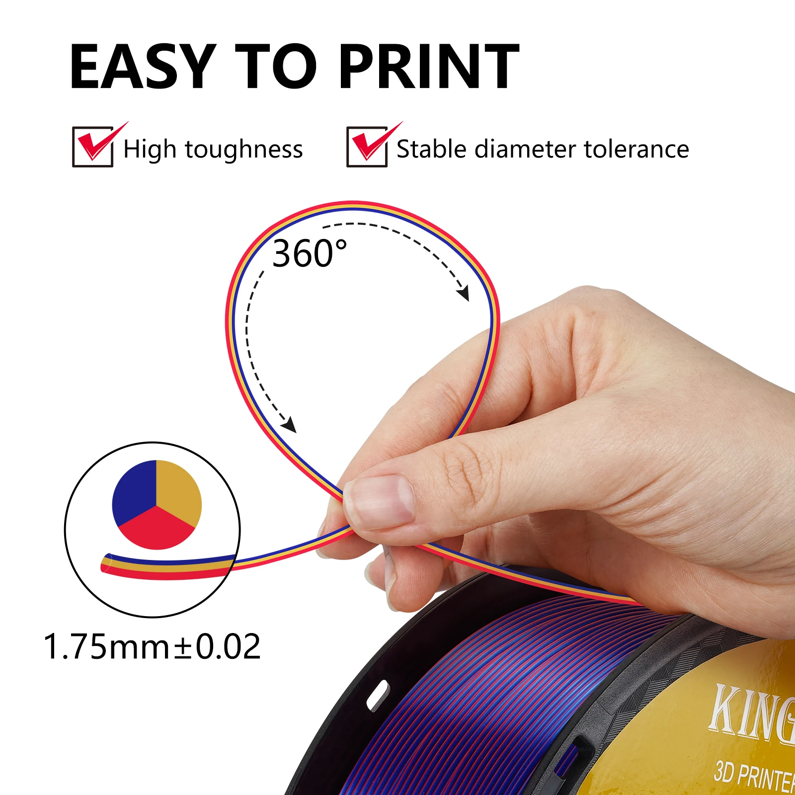 KINGROON 5KG Tricolor Silk PLA Filament 3 in 1 Multi-color 3D Printer Filaments PLA Three-Color Coextrusion, 5 Spool