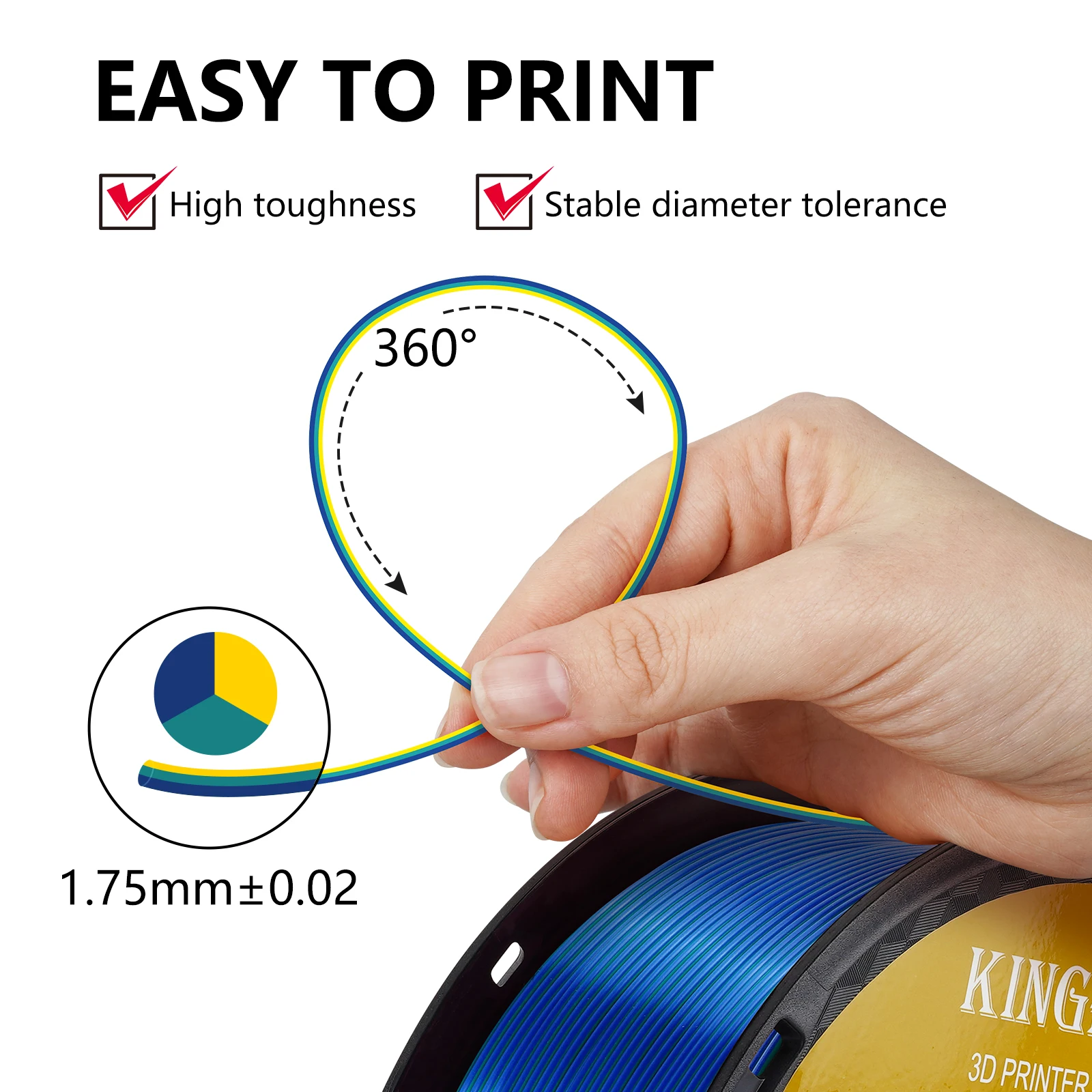 KINGROON 5KG Tricolor Silk PLA Filament 3 in 1 Multi-color 3D Printer Filaments PLA Three-Color Coextrusion, 5 Spool