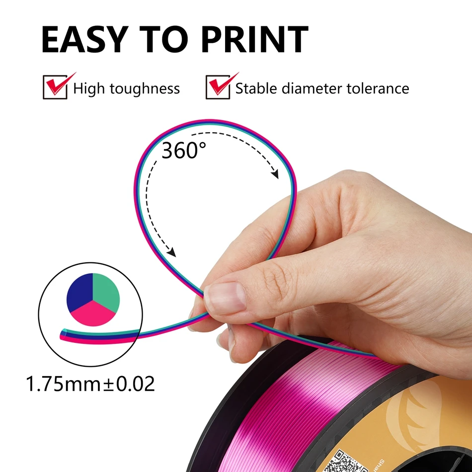 KINGROON 5KG Tricolor Silk PLA Filament 3 in 1 Multi-color 3D Printer Filaments PLA Three-Color Coextrusion, 5 Spool