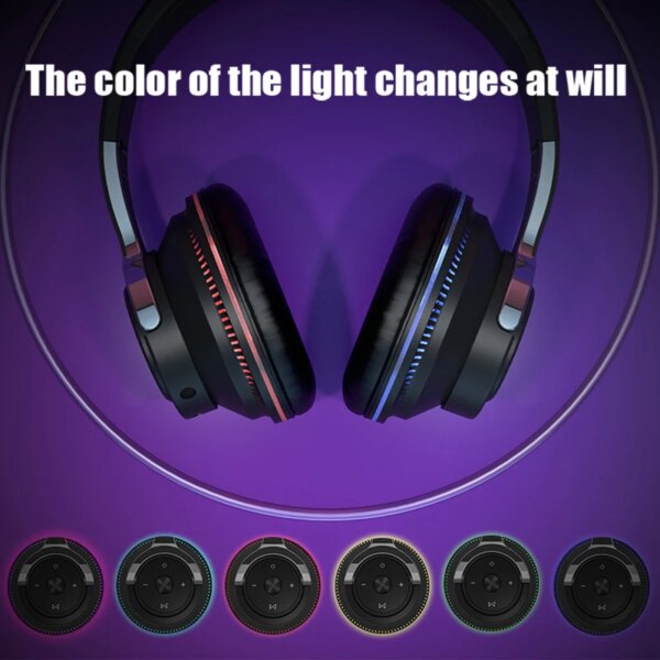 Bluetooth Headphones Head-mounted Noise Reduction Wireless Headset for Phones PC Gaming Headsets Heavy Bass  Colorful LED Lights - Image 5