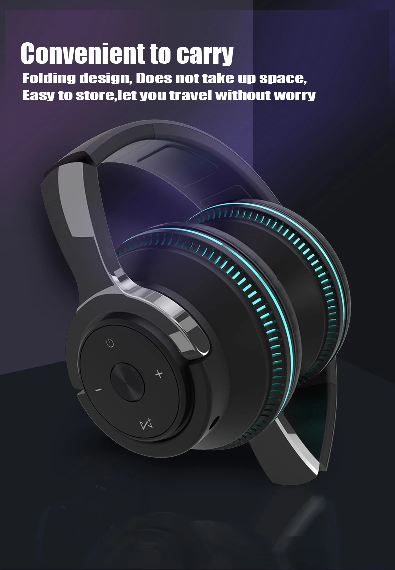 Bluetooth Headphones Head-mounted Noise Reduction Wireless Headset for Phones PC Gaming Headsets Heavy Bass  Colorful LED Lights