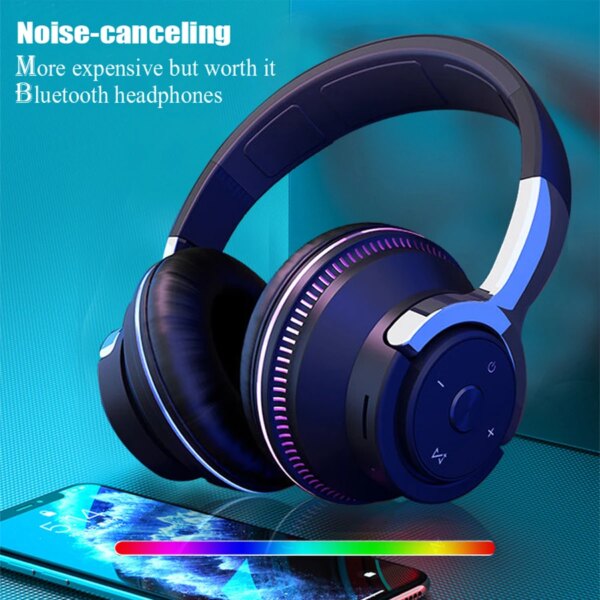 Bluetooth Headphones Head-mounted Noise Reduction Wireless Headset for Phones PC Gaming Headsets Heavy Bass  Colorful LED Lights