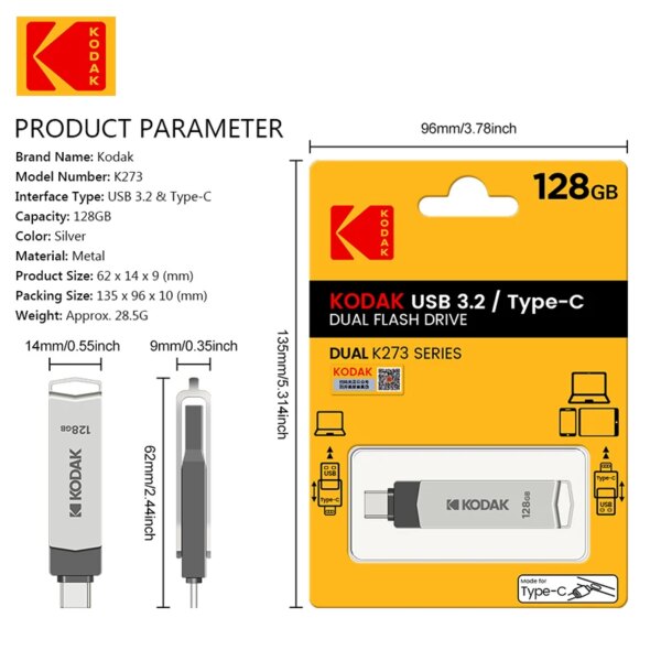 KODAK Dual OTG USB 3.1 Flash Drive 64GB 128GB 256GB Type C Pendrive 2 in 1 USB3.1 USB C Pen Memory Stick U Disk Free Shipping - Image 6