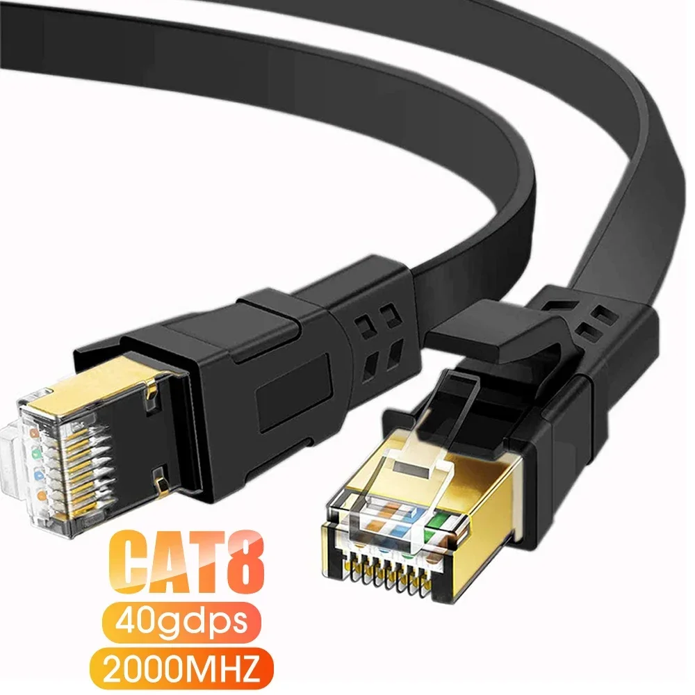 Cat 8 Ethernet Cable Flat High Speed 40Gbps 2000Mhz Internet Cables Network Cord RJ45 Shielded Indoor LAN Cables for PC Modem