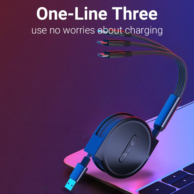 NNBILI 2024New Retractable Fast charging for Android TYPE-C Apple Xiaomi Samsung braided three-in-one mobile phone data cable