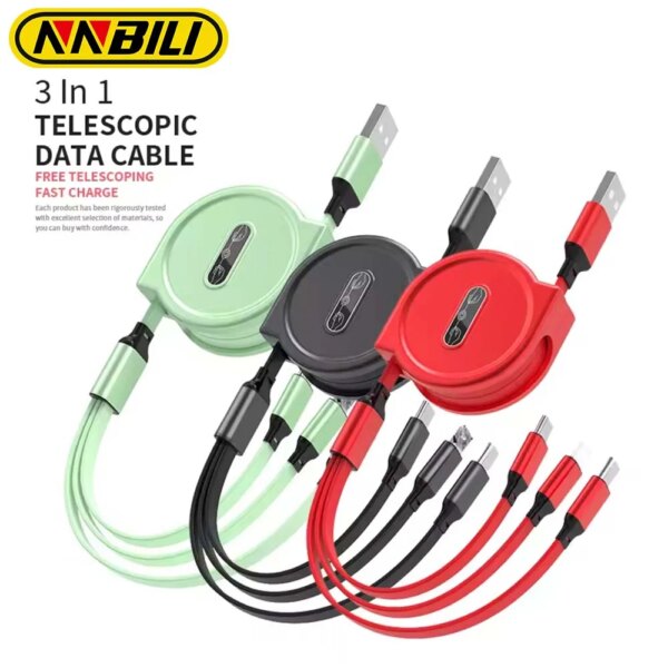 NNBILI 2024New Retractable Fast charging for Android TYPE-C Apple Xiaomi Samsung braided three-in-one mobile phone data cable