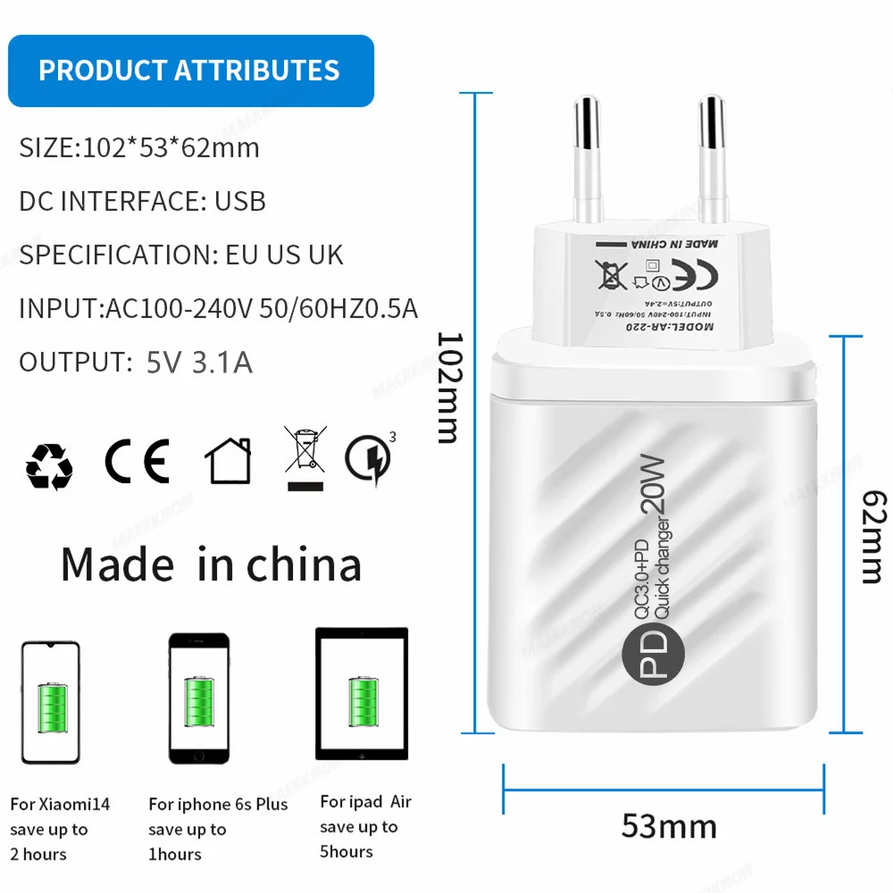 20W USB C Charger PD Fast Charging Mobile Phone Charger Power Adapter For iPhone Samsung Xiaomi Digital Display QuickCharge Plug