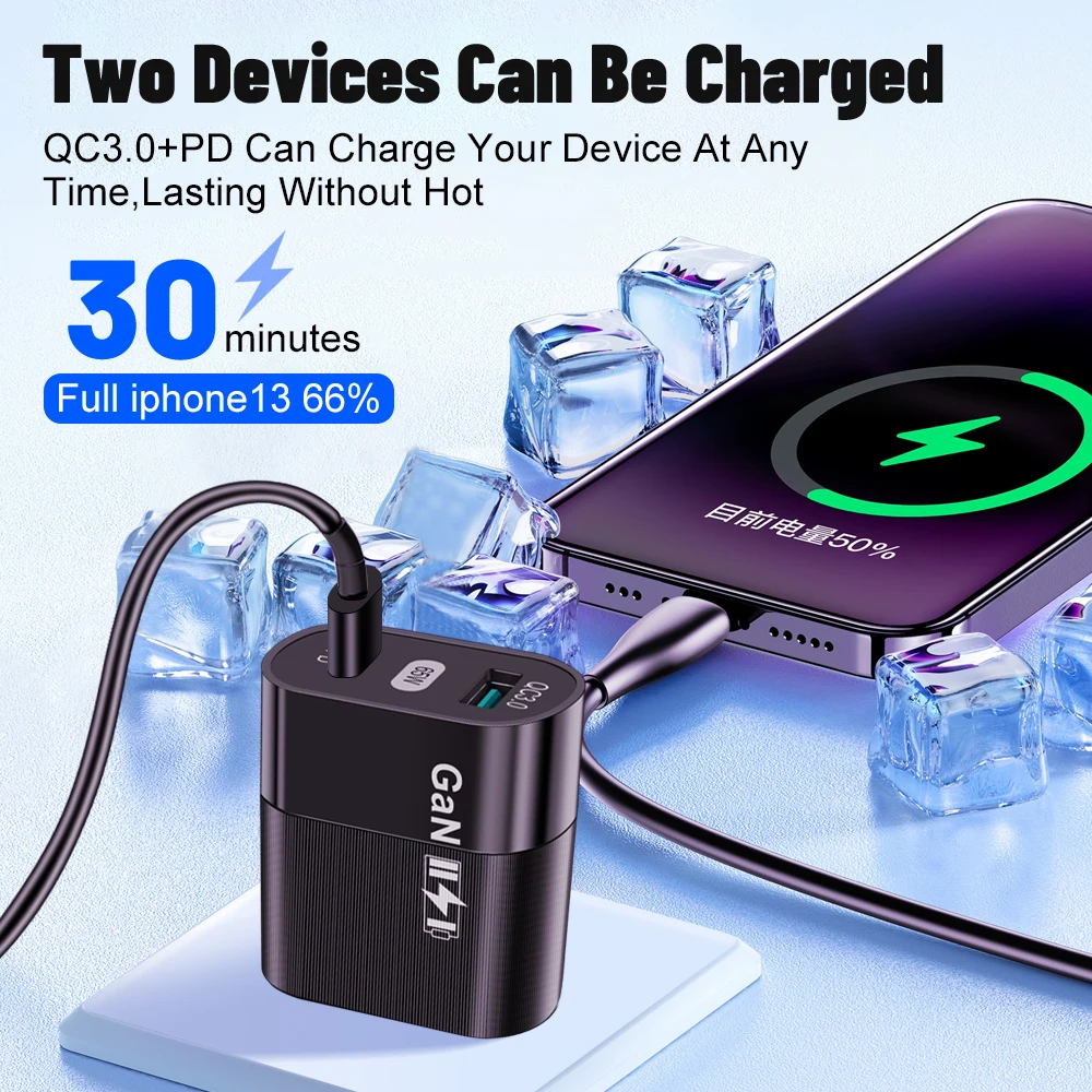 GaN 65W USB Fast Charger PD Fast Charging Type C Mobile Phone EU/US Plug Adapter For iPhone Huawei Quick Charge 3.0 Wall Charger