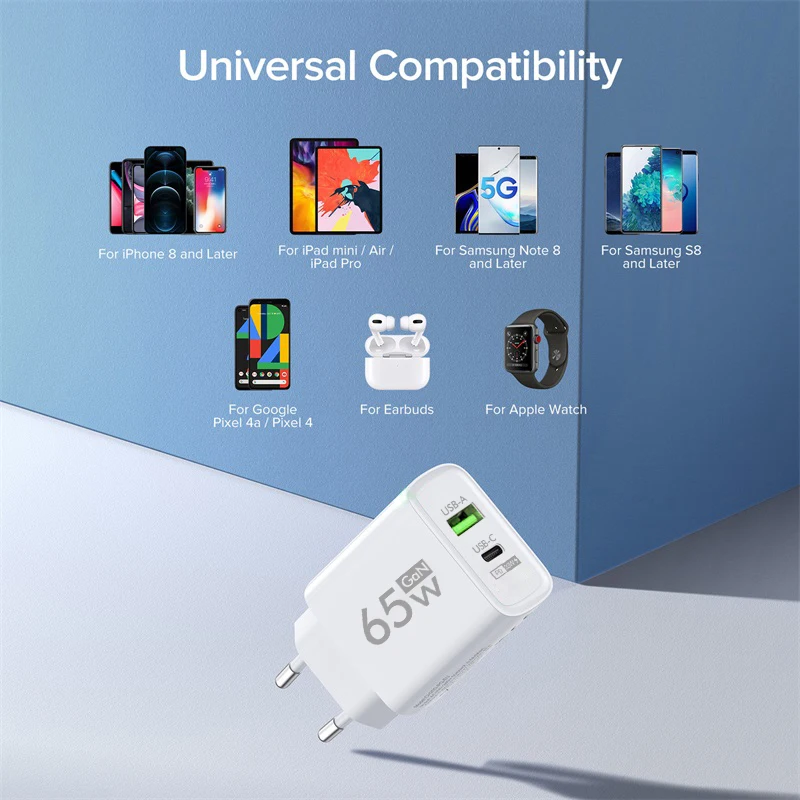 65W PD USB C Charger Quick Charge 3.0 Type C Fast Charging Adapter For iPhone 14 Pro Xiaomi Samgsung Portable Wall Phone Charger