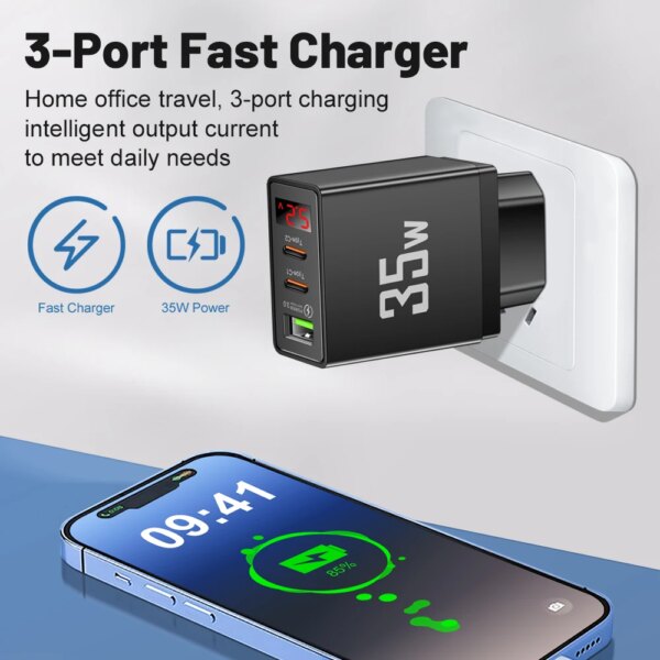 35W USB Charger Fast Charging Mobile Phone Charge Adapter Digital display Charger For iPhone 15 Samsung QC 3.0 Quick Charge Plug - Image 3