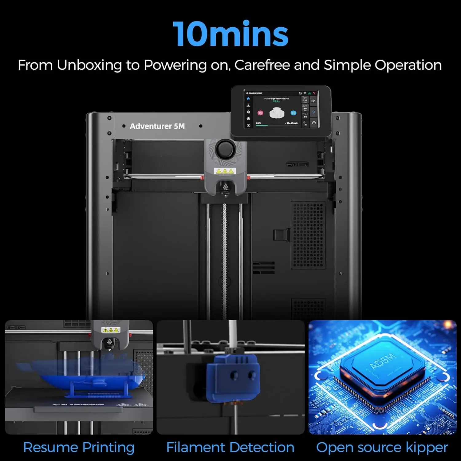 Flashforge Adventurer 5M FDM 3D Printer DIY Kit Max 600mm/s Fast High Speed Printing Out Of Box Quick Detachable Nozzle Dual fan