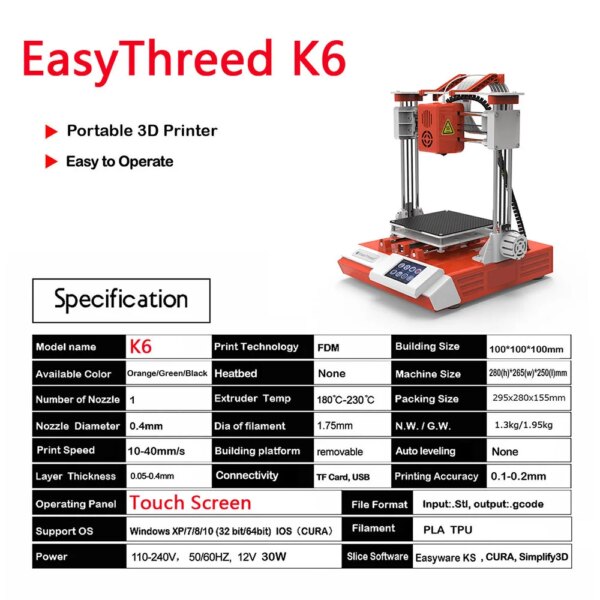 EasyThreed K6 3D Printer FDM Desktop Printing Machine 100x100x100mm/4x4x4inches Removable Platform with 2.4'' Touchscreen - Image 3