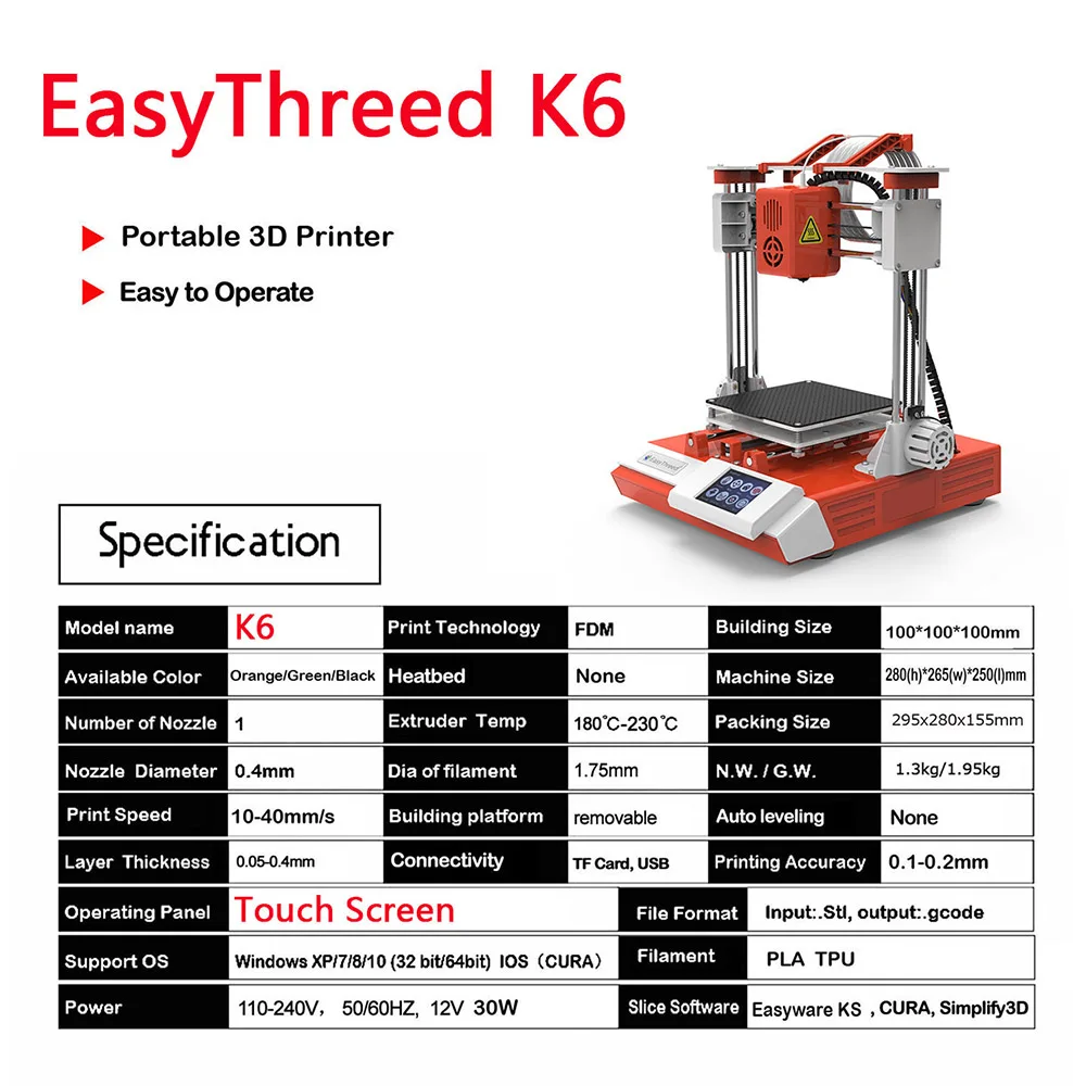 EasyThreed K6 3D Printer FDM Desktop Printing Machine 100x100x100mm/4x4x4inches Removable Platform with 2.4'' Touchscreen