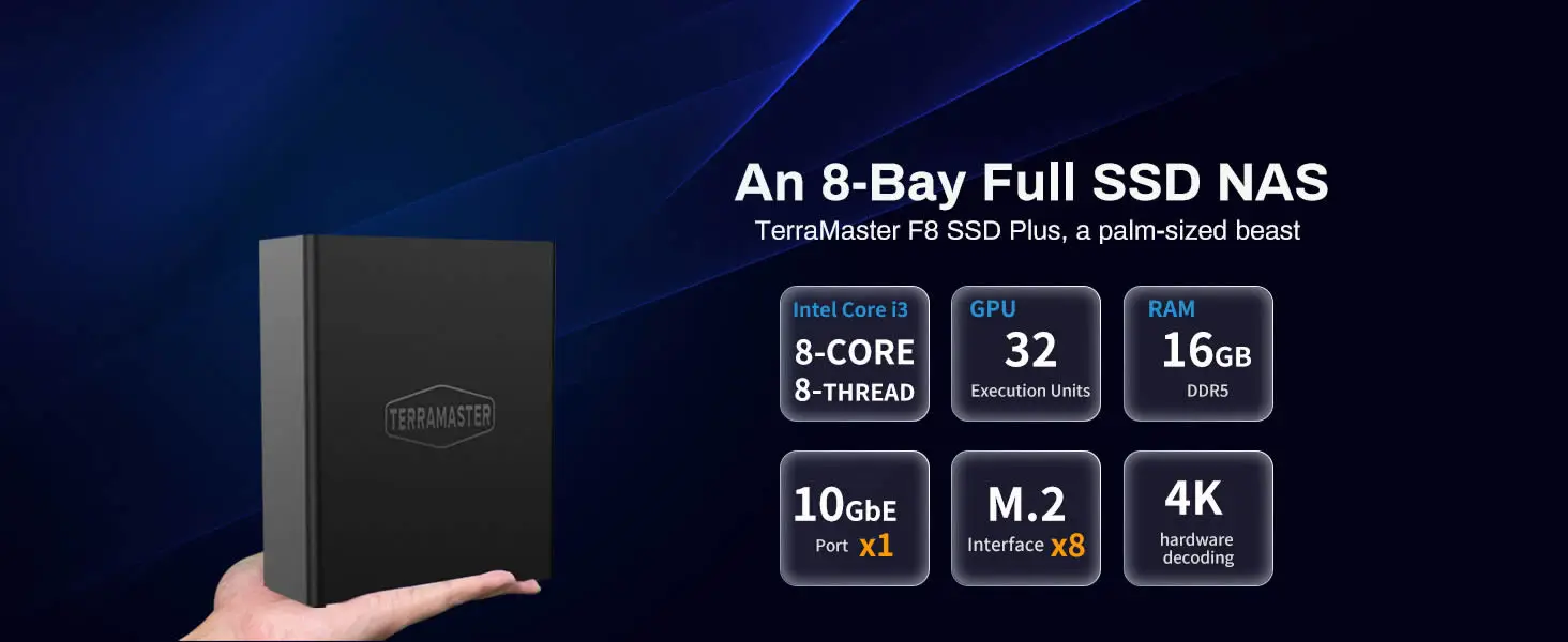 TERRAMASTER F8 SSD Plus NAS - 8Bay All SSD Core i3 8-Core 8-Thread CPU, 16GB RAM, Palm-Sized Network Attached Storage (Diskless)