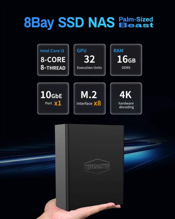 TERRAMASTER F8 SSD Plus NAS - 8Bay All SSD Core i3 8-Core 8-Thread CPU, 16GB RAM, Palm-Sized Network Attached Storage (Diskless) - Image 2