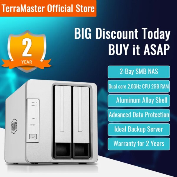 TerraMaster F2-221 NAS 2-Bay Cloud Storage Intel Dual Core 2.0GHz Plex Media Server Network Storage (Diskless)