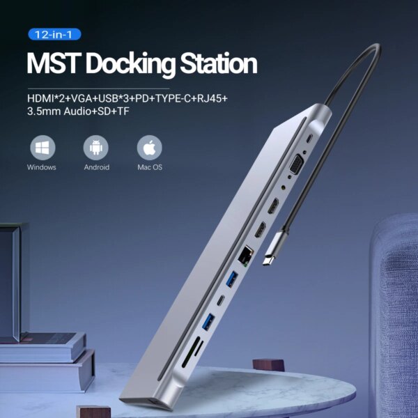 USB C Docking Station,12 In 1 Triple Display MST Hub With Expansion Port USB3.0*1/USB2.0*3/HDMI*2/VGA*1/100 Mbit/s NIC *1/USB - Image 2