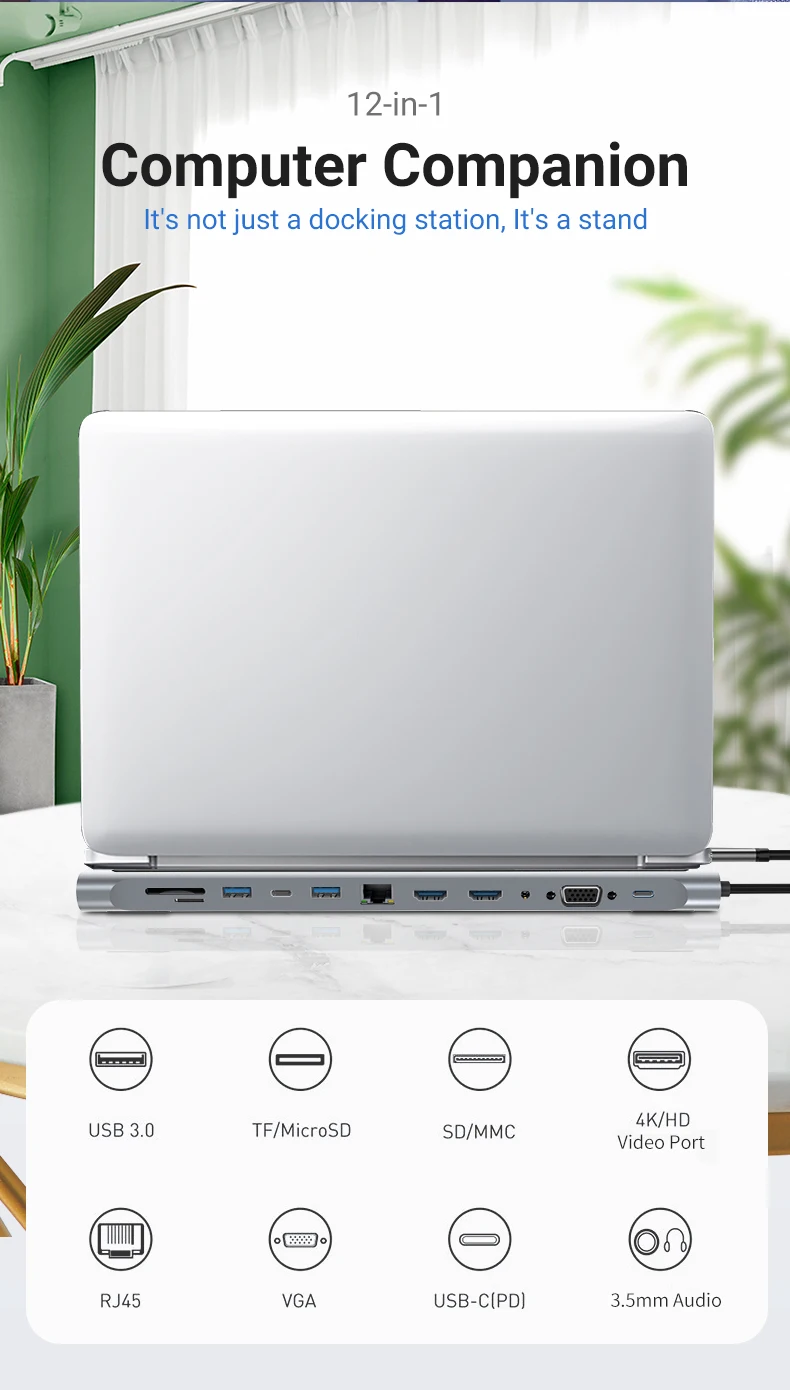 USB C Docking Station,12 In 1 Triple Display MST Hub With Expansion Port USB3.0*1/USB2.0*3/HDMI*2/VGA*1/100 Mbit/s NIC *1/USB