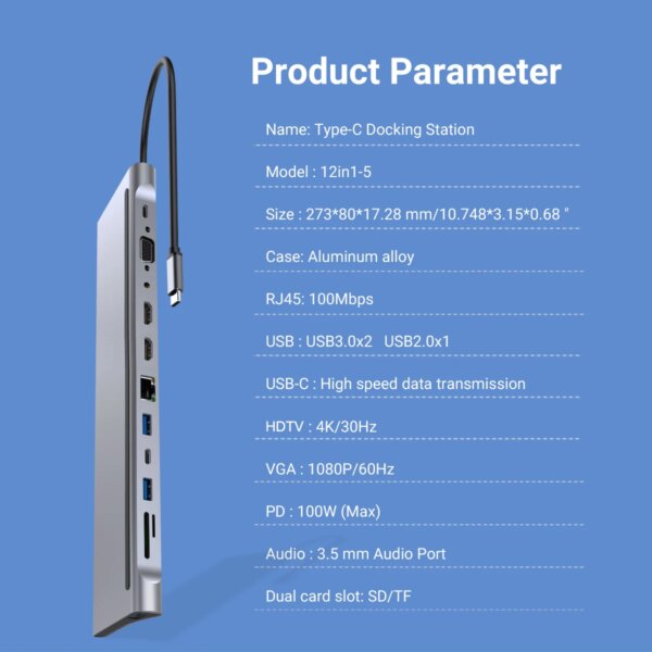 USB C Docking Station,12 In 1 Triple Display MST Hub With Expansion Port USB3.0*1/USB2.0*3/HDMI*2/VGA*1/100 Mbit/s NIC *1/USB - Image 6