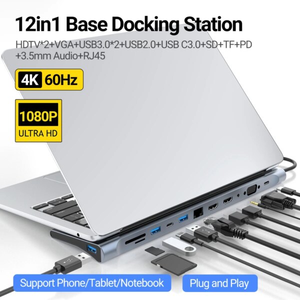 USB C Docking Station,12 In 1 Triple Display MST Hub With Expansion Port USB3.0*1/USB2.0*3/HDMI*2/VGA*1/100 Mbit/s NIC *1/USB