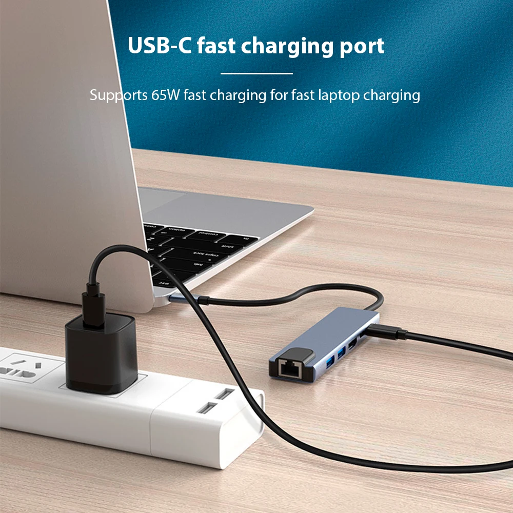 6 in 1 Hub USB Type C Supports 65W Reverse Charging Docking Station Laptop Accessory Docking Station USB C 3.0 Support RJ45