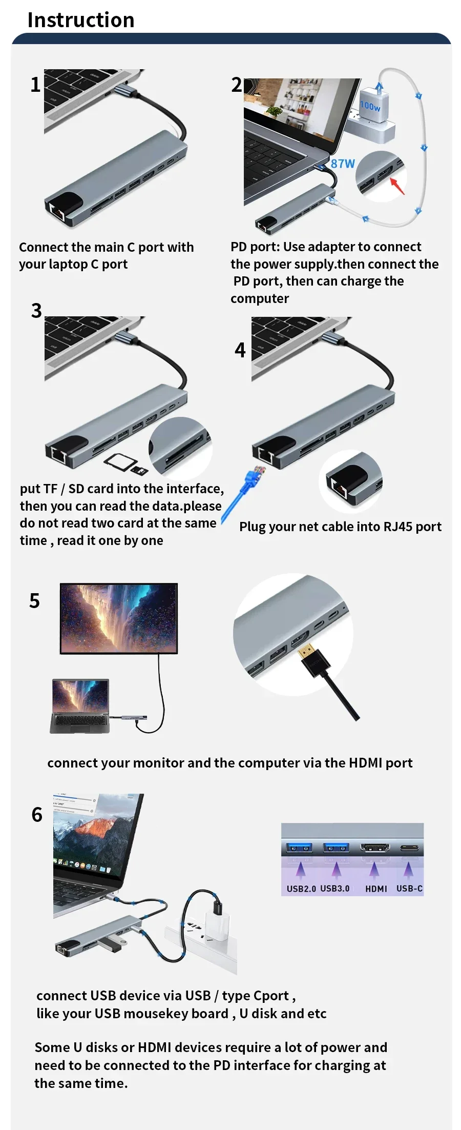 USB C HUB 8 in 1 Type C Adapter with 4K HDMI 87W PD USB Docking Station RJ45 for Phone MacBook Pro Air Laptop Pad Card Reader