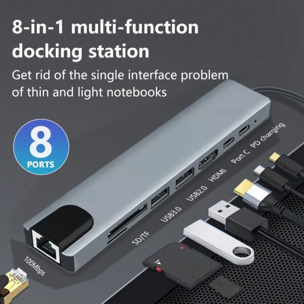 USB C HUB 8 in 1 Type C Adapter with 4K HDMI 87W PD USB Docking Station RJ45 for Phone MacBook Pro Air Laptop Pad Card Reader