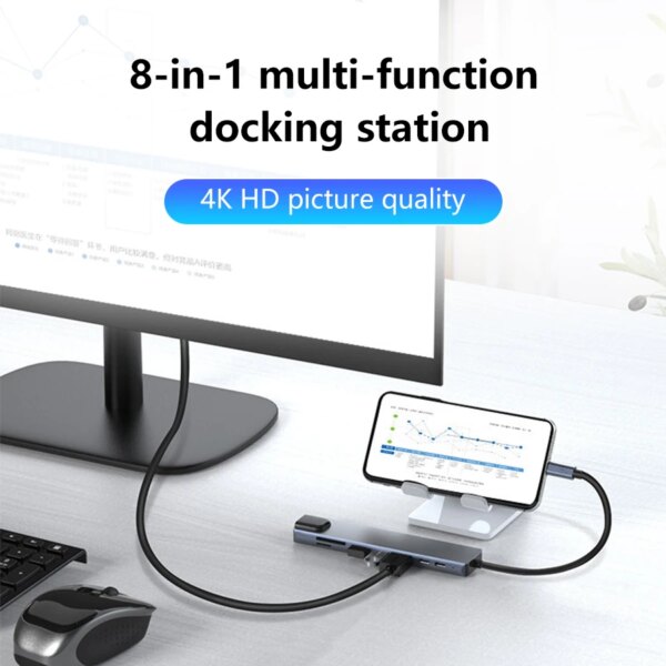 USB C HUB 8 in 1 Type C Adapter with 4K HDMI 87W PD USB Docking Station RJ45 for Phone MacBook Pro Air Laptop Pad Card Reader - Image 2