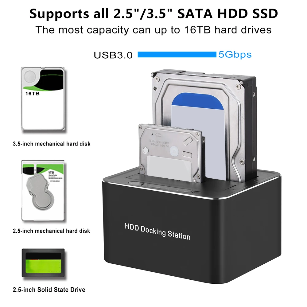 Dual-bay Hard Drive Dock Station Multifunctional for 2.5/3.5 Inch HDD SSD SATA to USB 3.0 HDD Docking Station Hard Disk Base