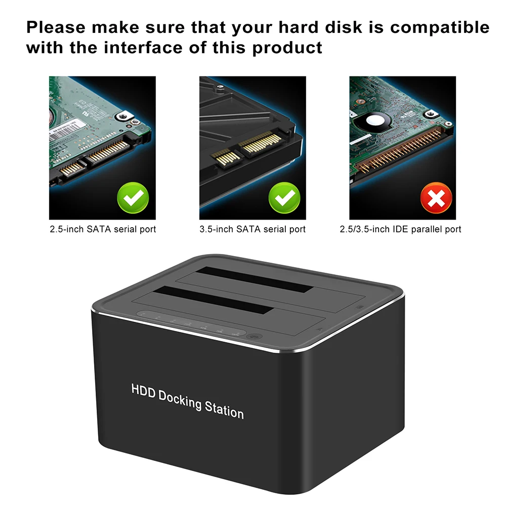 Dual-bay Hard Drive Dock Station Multifunctional for 2.5/3.5 Inch HDD SSD SATA to USB 3.0 HDD Docking Station Hard Disk Base