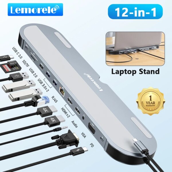 Lemorele TC28 USB Hub Docking Station USB C Hub 4K VGA 3.5mm Audio RJ45 USB PD Charging USB C Hub For Notebook Macbook