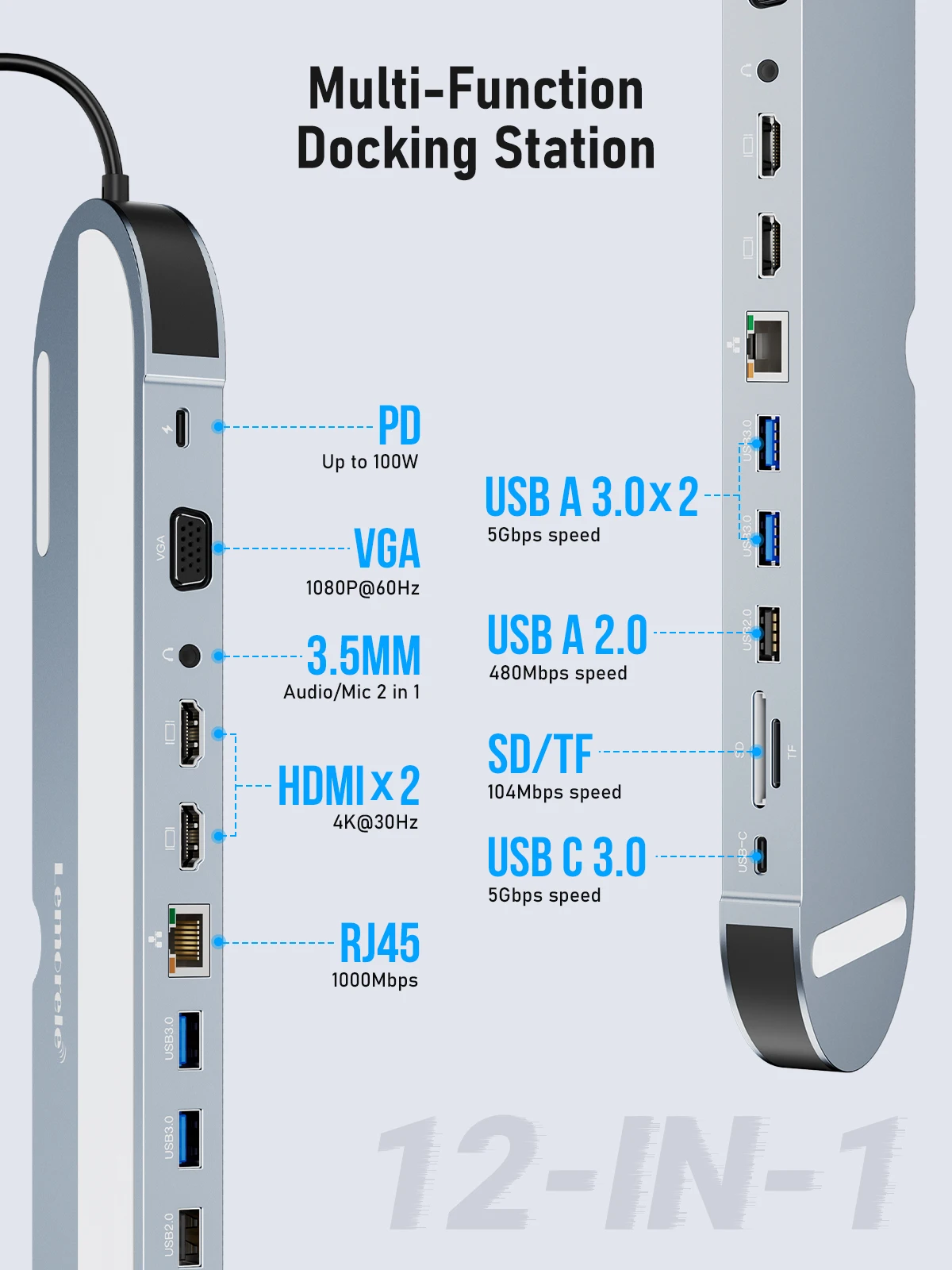 Lemorele TC28 USB Hub Docking Station USB C Hub 4K VGA 3.5mm Audio RJ45 USB PD Charging USB C Hub For Notebook Macbook