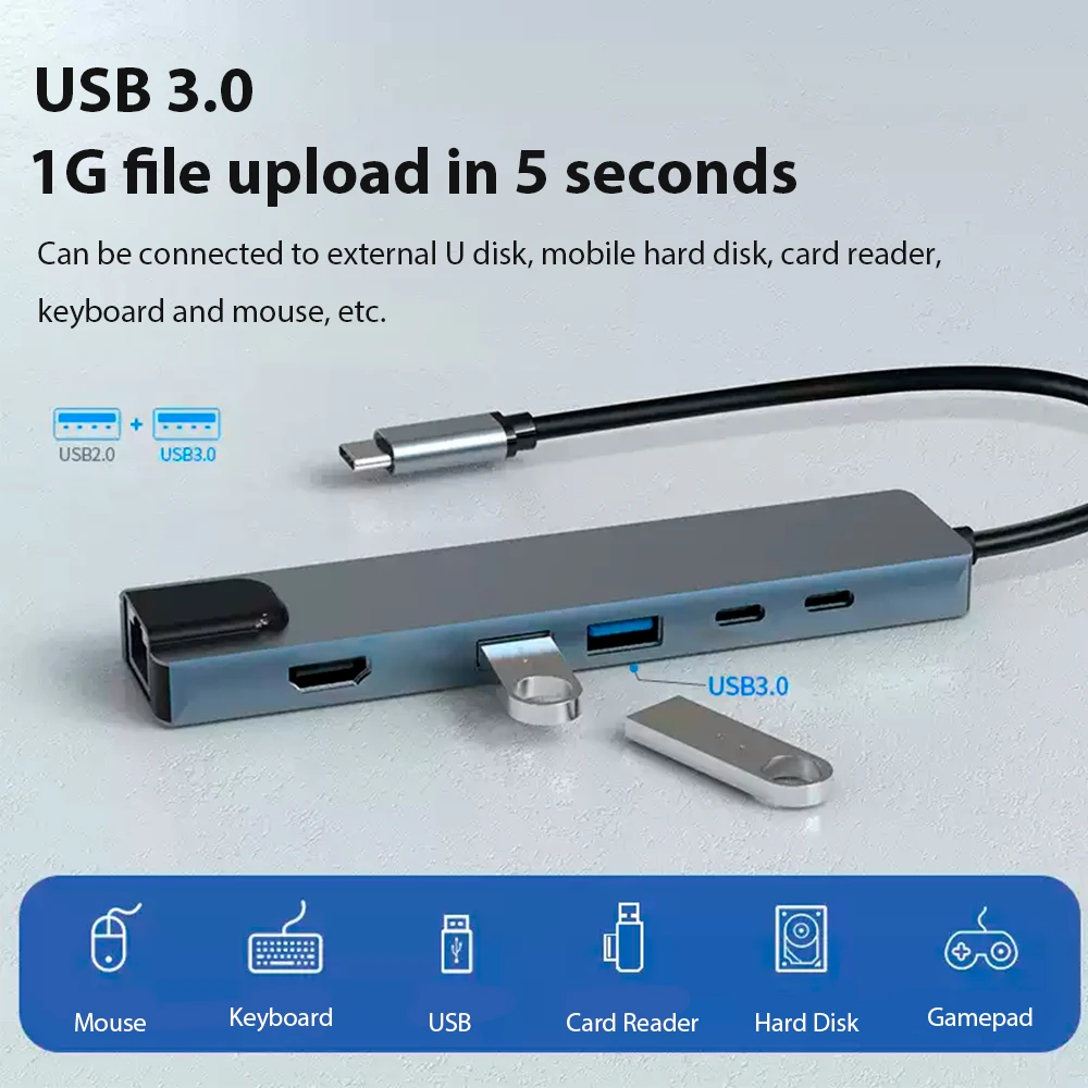 Docking Station 6 in 1 Hub USB Type-C HDMI 4K@30Hz RJ45 USB 3.0 Docking Station C Supports 65W Reverse Charging Laptop Accessory