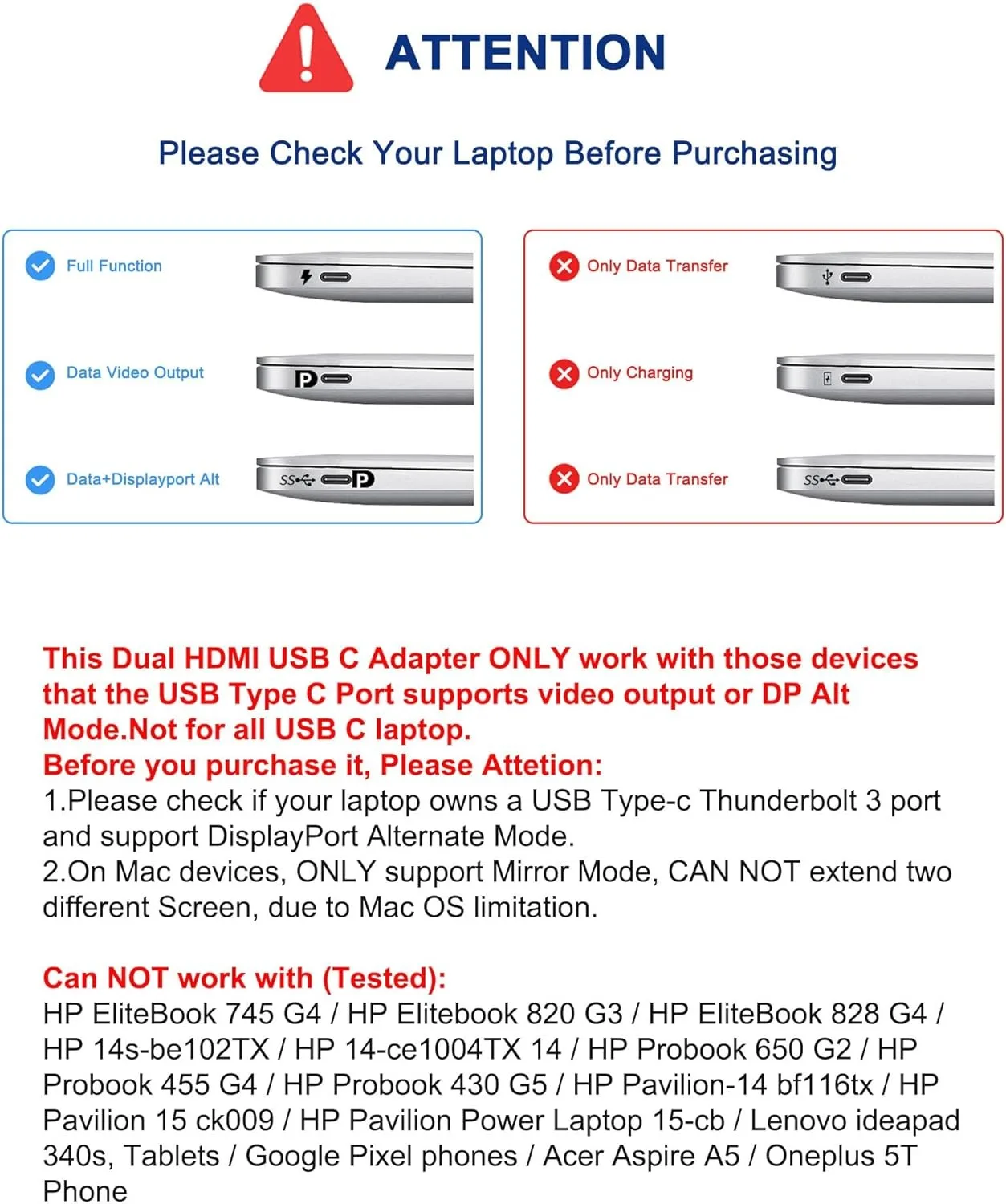 USB C to Dual 4K HD Display Adapter Thunderbolt3 Docking Station Hub Two Monitors for Windows10/11 Laptop Mirror and Extend Mode