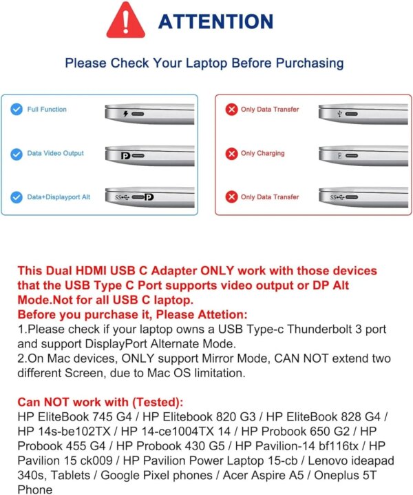 USB C to Dual 4K HD Display Adapter Thunderbolt3 Docking Station Hub Two Monitors for Windows10/11 Laptop Mirror and Extend Mode - Image 3